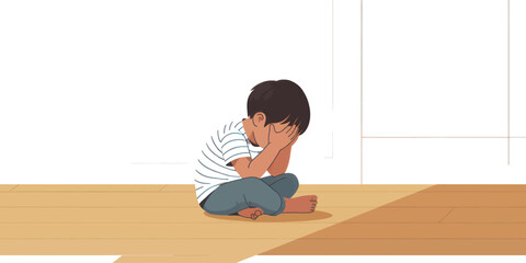Sad lonely child sitting on the floor with head down showing childhood depression, emotional pain, mental health and trauma concept illustration.