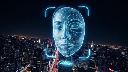 Vantage of a digital human face over a cityscape at night