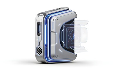 A futuristic silver and blue electronic device with a transparent component