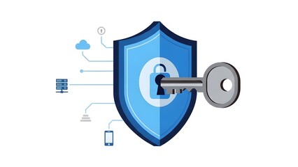 A blue shield with a key inserted into its lock symbolizes cybersecurity and data protection