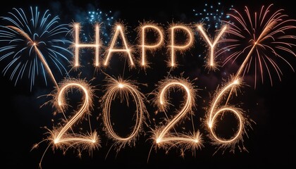 A bright and shiny gold text celebration with illuminated sparks and pyrotechnics for a happy New Year 2026 holiday party on a black night