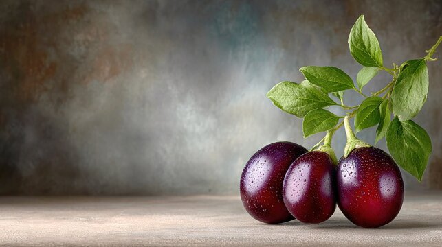   A trio of plums rests on a table adjacent to a lush green plant