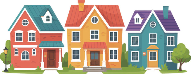 Colorful suburban houses illustration with modern flat design style representing residential neighborhood, real estate concept, and family housing community.