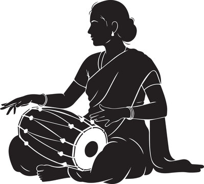 Indian woman playing traditional tabla drum sitting down