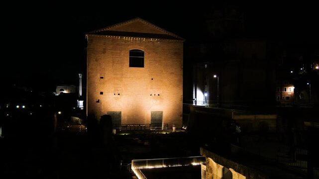 stark night time solitary rectangular brick building triangular pediment plain facade subtle lighting defines rome view italy roman empire emperor scene fa ade 