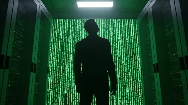Vantage of silhouetted figure in digital green matrix environment