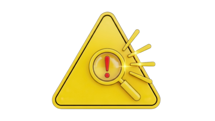 Yellow warning sign with magnifying glass isolated PNG, attention icon for security alert and error detection on transparent background