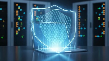 Vantage shot of a digital shield hologram in a data center - Powered by Adobe