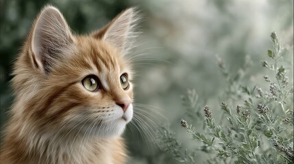 Obraz premium A close-up image of a feline with a plant in the foreground and a slightly out-of-focus background
