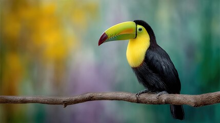 Fototapeta premium A yellow and black toucan perched on a green branch against a blurred backdrop of purple flowers