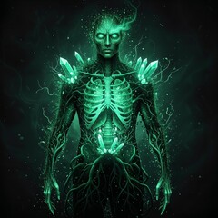 Symbolic Illustration of Jealousy in Shakespeare's Othello: Ethereal Green Crystal Being with Glowing Eyes and Roots on Dark Background, with space for text