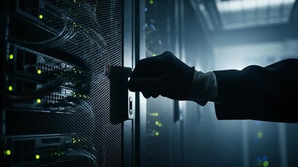 Vantage shot of a technician plugging into a server rack in a data center - Powered by Adobe