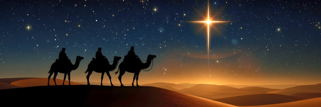 Three wise men riding camel following a star in the desert at night. Silhouette of the three wise men traveling on camels to Bethlehem for the birth of baby Jesus, offering symbolic gifts.