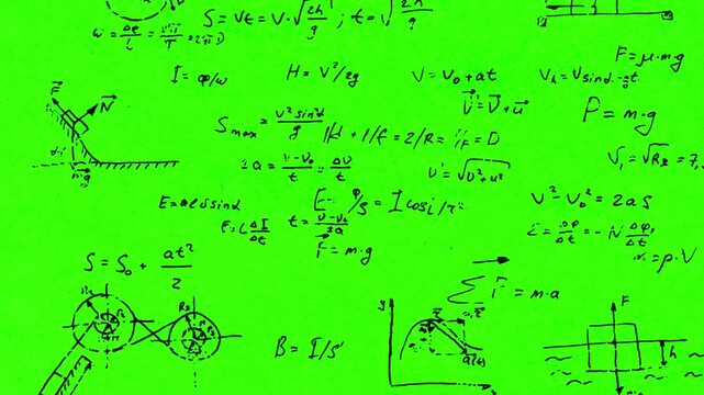4k green screen grunge math formula animation, study education background concept of engineering, algebra, and statistics