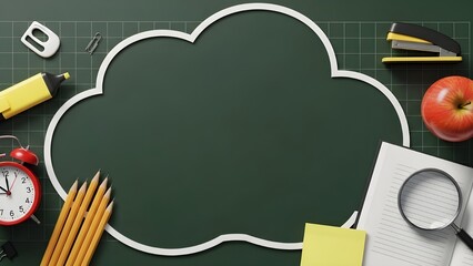 Cloud frame chalkboard template on green background - Back to school, education border, study materials, overhead flat lay, learning concept.