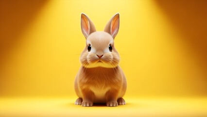 Obraz premium Adorable fluffy baby rabbit sitting centered on vibrant yellow background - Cute bunny, Easter animal, Warm lighting, Studio portrait, Pet mascot