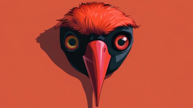 A vivid and detailed of a red bird's head against a bold red background. The showcases the bird's striking features such as its long beak and intricate feather texture.