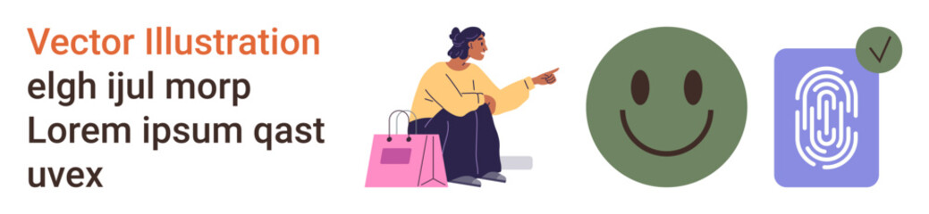 Fototapeta premium Online shopping, identity verification, biometrics, online security, validation, personalization. A person sitting with shopping bags, a happy face fingerprint and checkmark icon. Online shopping
