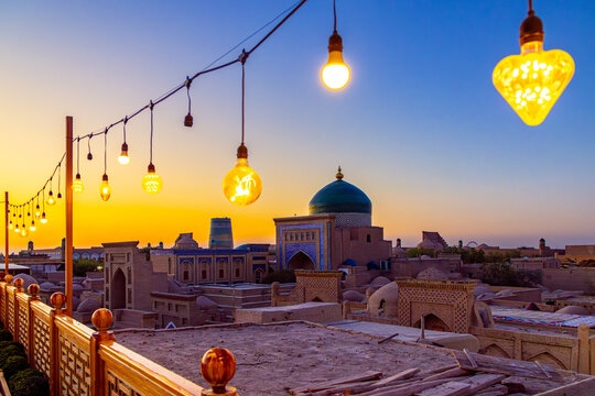 Kalta Minor minaret at sunset. UNESCO cultural heritage site. Itchan Kala, inner town of the city of Khiva, Uzbekistan