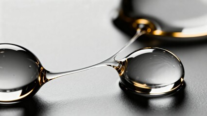 Abstract macro shot of two glossy liquid drops connected by a thin bridge on a dark metallic surface. Futuristic fluid connection concept for science, technology and cosmetic design.