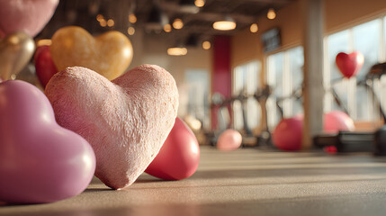 Valentine&rsquo;s Day-themed decorations in a fitness gym, with heart-shaped balloons, red and pink accents, and love-inspired motifs, creating a festive and motivating atmosphere for workout enthusiasts
