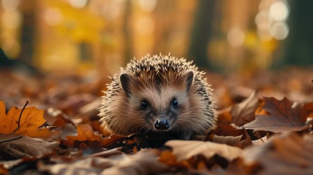 A cute hedgehog walking on fallen leaves during autumn season.