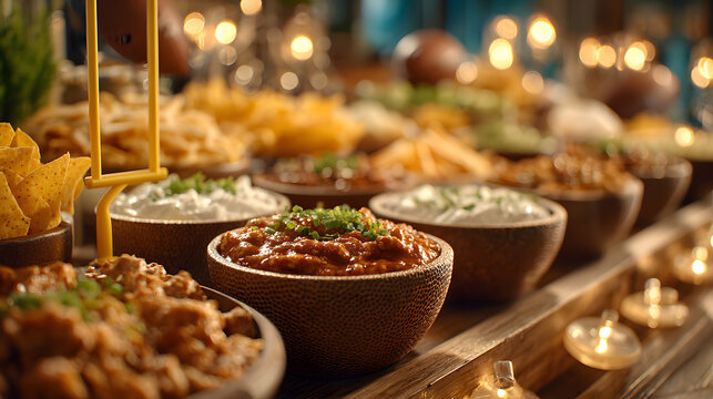 game day snack setup, close-up of a super bowl snack stadium with mini goalposts, edible fans, and assorted dips, sharply focused against a blurred background