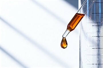 Closeup of glass dropper with amber liquid serum above a transparent measuring cylinder on a bright white background. Minimal scientific concept for cosmetics, skincare and laboratory research.

