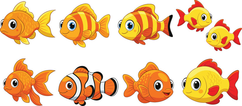 Cute cartoon fish characters set colorful tropical aquarium animals playful underwater illustration collection