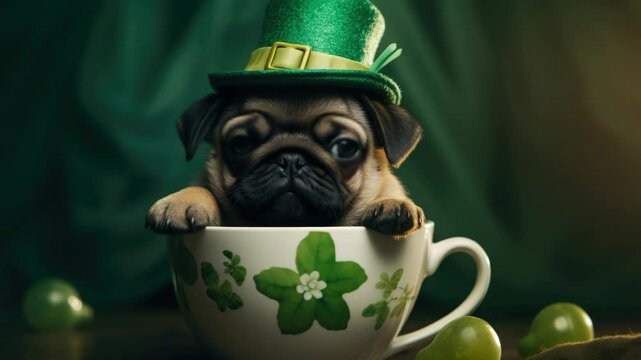 A happy pug dog wearing a hat with shamrocks, sitting inside a teacup adorned with the same design, celebrating St. Patrick's Day.