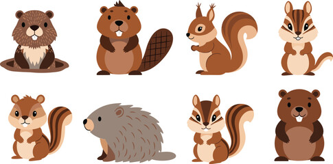 Cute cartoon forest animals set featuring beaver squirrel chipmunk and hedgehog woodland illustration collection © Sumon Creative