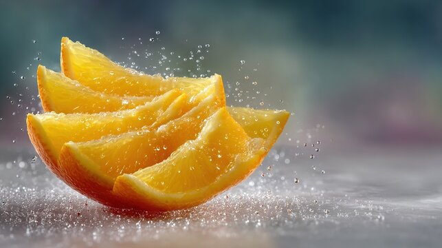   An orange cut in two with water drops on top and bottom