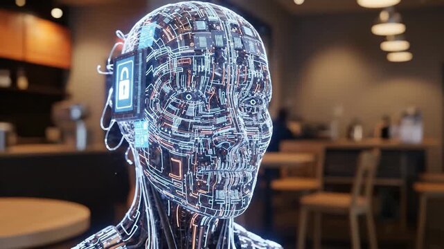 Close-up of a holographic digital human with a lock icon in a modern cafe