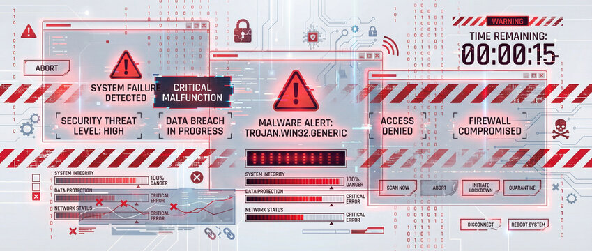 Red warning signs and digital interface elements with binary code over white background, illustrating a cybersecurity alert or data breach concept 