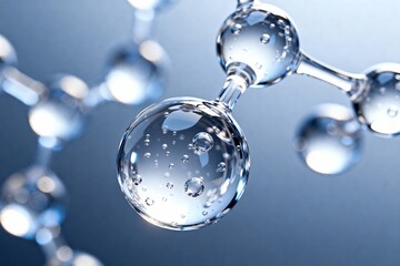 Transparent 3D water molecule with tiny air bubbles inside glossy spheres on a soft blue background. Futuristic scientific visualization for skincare, hydration, chemistry and biotech concepts.