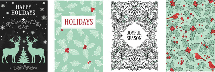 Set of vintage Christmas holiday greeting cards with reindeer, holly berries, floral frame and birds, winter season concept, cad drawing flat vector illustration © Momotaj