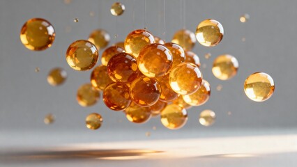 Cluster of glossy amber spheres floating in midair on a soft grey background. Abstract 3D visualization of vitamin capsules, cosmetic serum drops or golden molecular particles in motion.