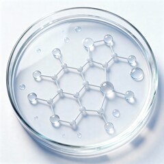 Transparent petri dish with a white molecular structure and clear water drops on a bright background. Minimal scientific concept for skincare formula, biotech, nanotechnology and laboratory research.
