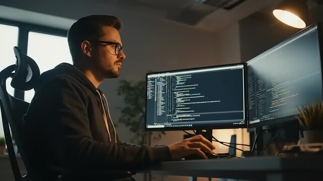 Focused Male Programmer Coding on Multiple Computer Screens in a Dark Office Environment.