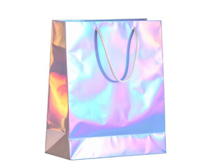 Glossy, iridescent gift bag with white handle rope, against a transparent background