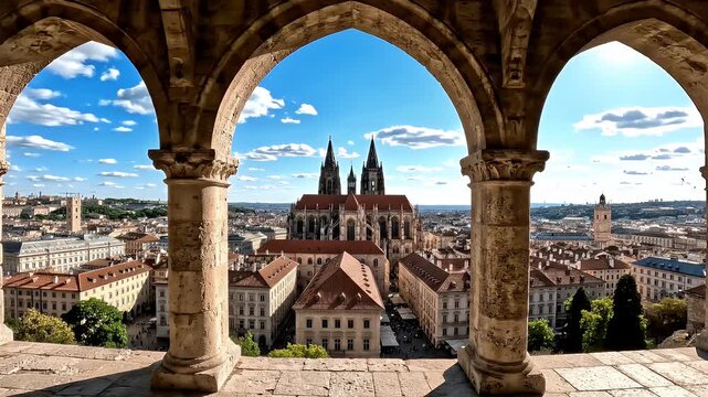 Historic Prague city view framed by stone arches and gothic cathedral