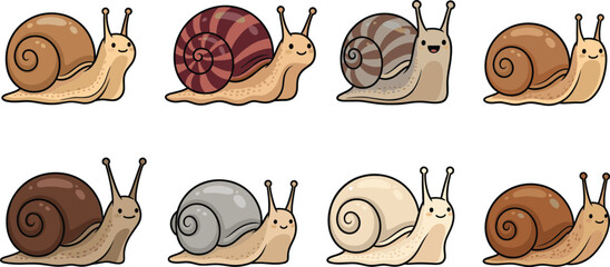 Cute cartoon snail characters set in different colors playful garden animal illustration collection isolated © Sumon Creative