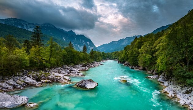 The Soca River In Slovenia Is World Famous For Its Intense Turquoise Green Color And Crystal Clear Water Intensely Colored Waters With A Landscape In Dark Shades Of Gray Natural Wonder In Europe