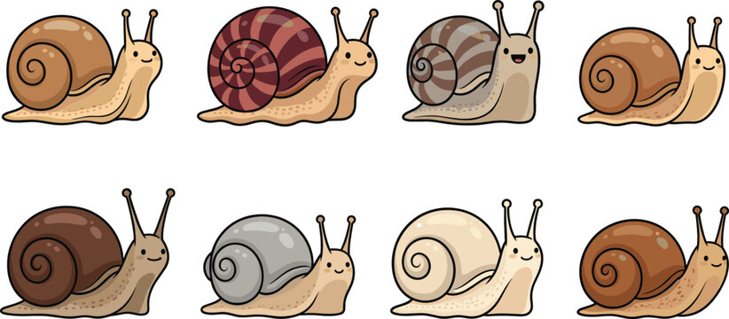 Cute cartoon snail characters set in different colors playful garden animal illustration collection isolated