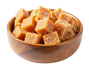 Close-up of a wooden bowl overflowing with light brown, cube-shaped pieces of a food