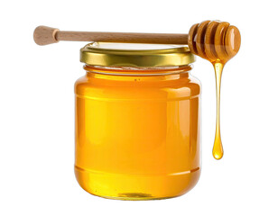 Close-up image of a glass jar filled with golden honey, a wooden dipper, and a dripping flow
