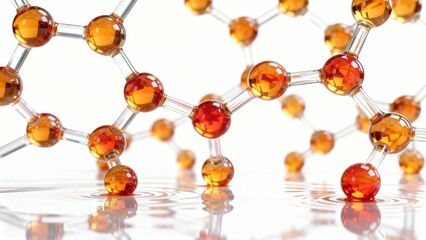 Abstract 3D molecular network made of glossy amber spheres connected by clear glass links above rippling liquid surface. Futuristic visualization for vitamins, cosmetics, chemistry and biotech concept