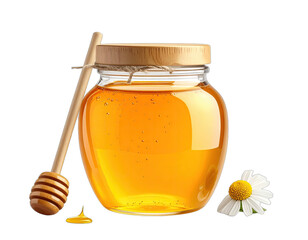 A jar filled with golden honey, wooden dipper, daisy flower, and isolated on black