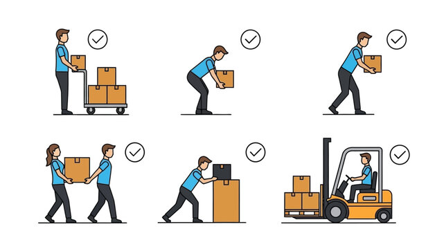 Proper lifting techniques and safe material handling illustrated in a series of images