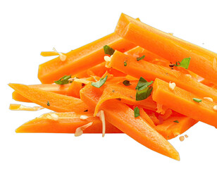 Close-up of sliced carrots with seasonings, isolated against a transparent background